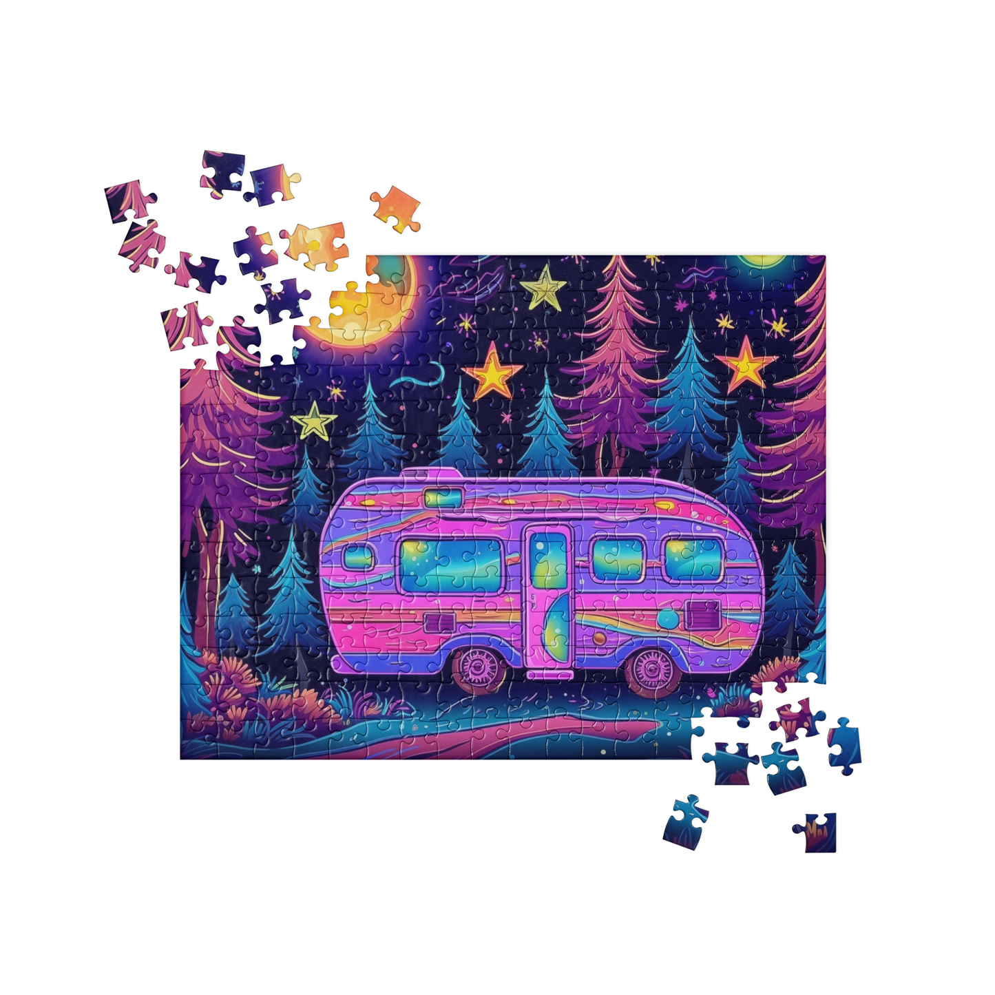 Neon Camper Scene Puzzle – 252-Piece Vibrant Camping Design