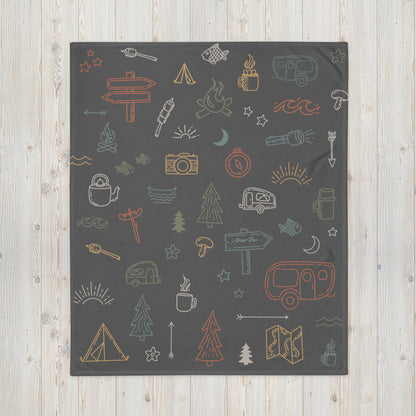 Camping Icons Plush Throw Blanket – Available in Two Sizes