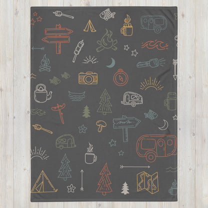 Camping Icons Plush Throw Blanket – Available in Two Sizes